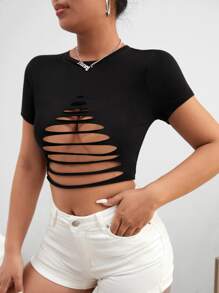 SHEIN SXY Ladder Cut Out Crop Tee - Black - View 3