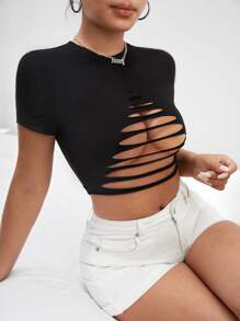 SHEIN SXY Ladder Cut Out Crop Tee - Black - View 5