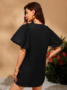 Firerie V Neck Puff Sleeve Dress - Black - View 2