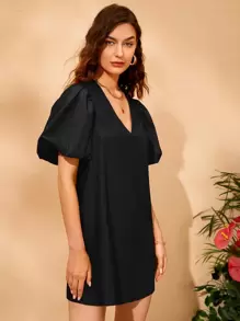Firerie V Neck Puff Sleeve Dress - Black - View 5