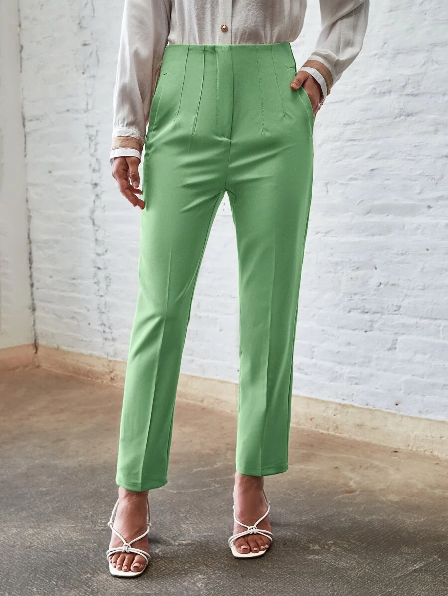 SHEIN BIZwear Quần nữ Túi Dây kéo màu trơn Thanh lịch - màu xanh lá - Xem 1