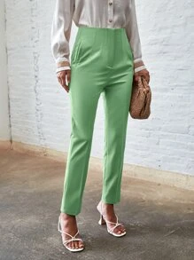 SHEIN BIZwear Quần nữ Túi Dây kéo màu trơn Thanh lịch - màu xanh lá - Xem 4
