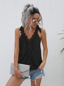 Swiss Dot Contrast Guipure Lace Bow Detail Tank Top - Black - View 5