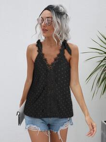 Swiss Dot Contrast Guipure Lace Bow Detail Tank Top - Black - View 6