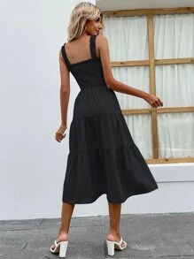 SHEIN Holidaya Vestido largo de vacaciones y playa con flecos, volantes y adorno fruncido para mujeres - Negro - Ver 2