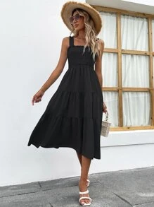 SHEIN Holidaya Vestido largo de vacaciones y playa con flecos, volantes y adorno fruncido para mujeres - Negro - Ver 5