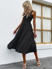 SHEIN Holidaya Vestido largo de vacaciones y playa con flecos, volantes y adorno fruncido para mujeres - Negro - Ver 6