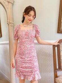 SHEIN Teen Girls Allover Floral Print Puff Sleeve Ruffle Hem Dress - Baby Pink - View 4