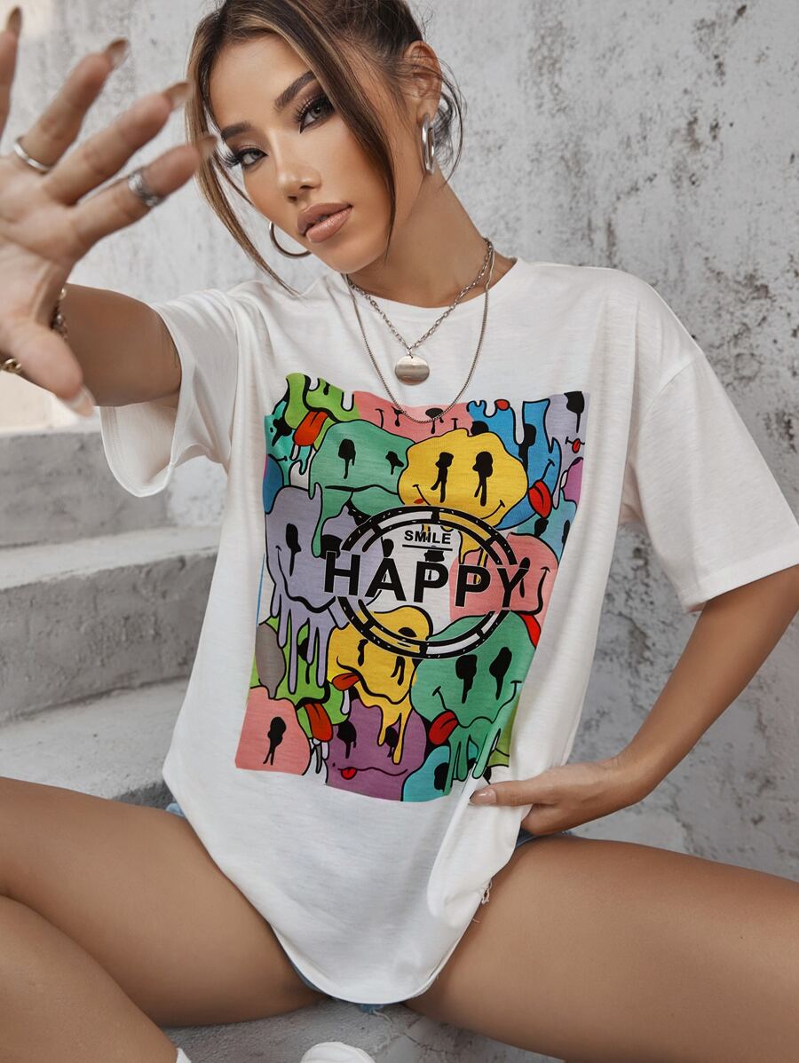 SHEIN Unity Áo thun hở vai in chữ và biểu cảm Áo thun họa tiết cho nữ - trắng - Xem 1