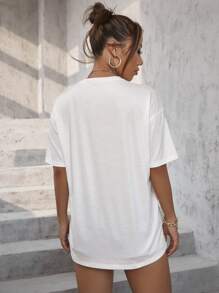 SHEIN Unity Áo thun hở vai in chữ và biểu cảm Áo thun họa tiết cho nữ - trắng - Xem 2