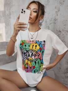 SHEIN Unity Áo thun hở vai in chữ và biểu cảm Áo thun họa tiết cho nữ - trắng - Xem 3