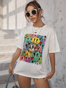 SHEIN Unity Áo thun hở vai in chữ và biểu cảm Áo thun họa tiết cho nữ - trắng - Xem 5