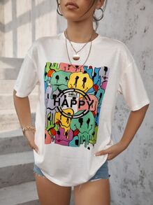 SHEIN Unity Áo thun hở vai in chữ và biểu cảm Áo thun họa tiết cho nữ - trắng - Xem 6