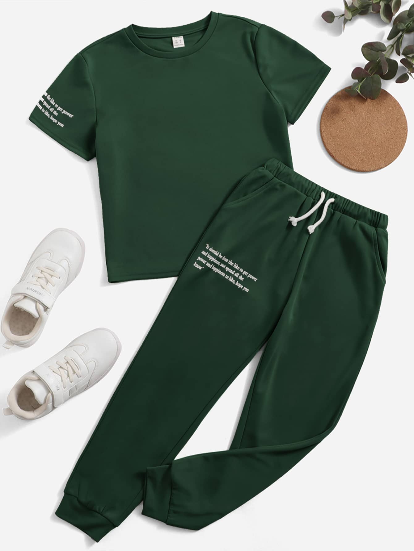 SHEIN Boys Slogan Graphic Tee & Joggers Set - Dark Green - View 1
