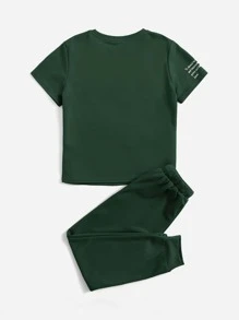 SHEIN Boys Slogan Graphic Tee & Joggers Set - Dark Green - View 2