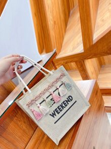 標語圖案流蘇裝飾購物袋 - 米色 - 查看 2