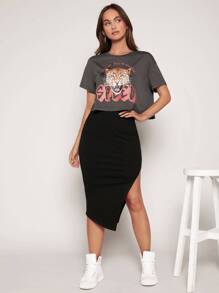SHEIN EZwear Leopard & Slogan Graphic Drop Shoulder Tee & Split Thigh Skirt - Multicolor - View 1
