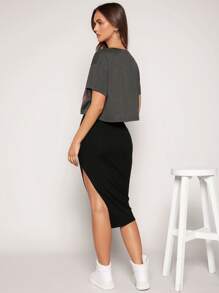 SHEIN EZwear Leopard & Slogan Graphic Drop Shoulder Tee & Split Thigh Skirt - Multicolor - View 2