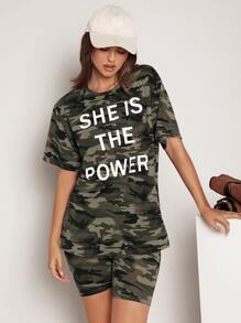 SHEIN EZwear Shorts biker con estampado de camuflaje de cintura ancha - Multicolor - Ver 4