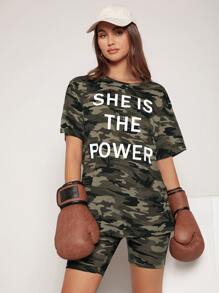 SHEIN EZwear Shorts biker con estampado de camuflaje de cintura ancha - Multicolor - Ver 5