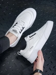 Men Letter Patch Decor Lace-up Front Perforated Detail Skate Shoes - White - View 4