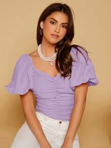 Ruched Sweetheart Neck Puff Sleeve Blouse - Lilac Purple - View 5