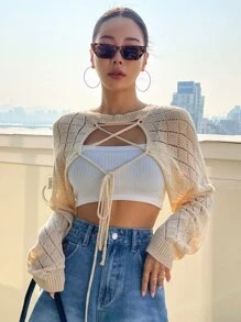 DAZY 1入組十字交叉前打結超短款上衣 - 杏色 - 查看 6