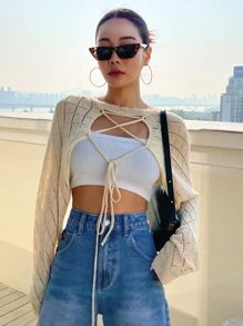 DAZY 1入組十字交叉前打結超短款上衣 - 杏色 - 查看 7