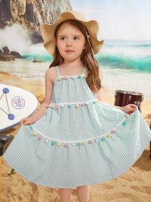 SHEIN Leap Crew Young Girl Striped Pompom Cami Dress - Mint Green - View 4