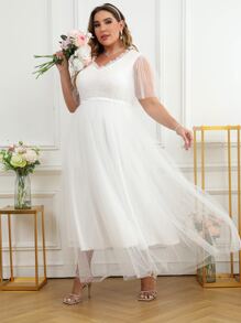 SHEIN Belle Plus Contrast Sequin Frill Trim Dobby Mesh Overlay Wedding Dress - White - View 3