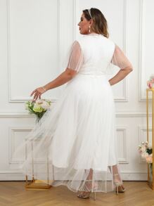 SHEIN Belle Plus Contrast Sequin Frill Trim Dobby Mesh Overlay Wedding Dress - White - View 2