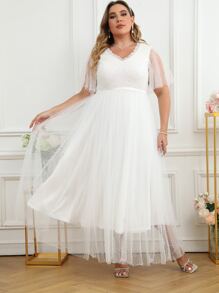 SHEIN Belle Plus Contrast Sequin Frill Trim Dobby Mesh Overlay Wedding Dress - White - View 1