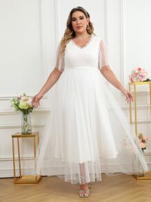 SHEIN Belle Plus Contrast Sequin Frill Trim Dobby Mesh Overlay Wedding Dress - White - View 4