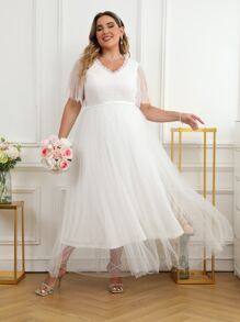 SHEIN Belle Plus Contrast Sequin Frill Trim Dobby Mesh Overlay Wedding Dress - White - View 5