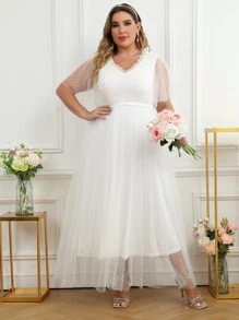 SHEIN Belle Plus Contrast Sequin Frill Trim Dobby Mesh Overlay Wedding Dress - White - View 7