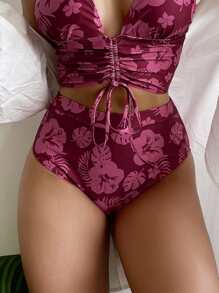 Random Floral Print High Waist Bikini Bottom - Multicolor - View 1