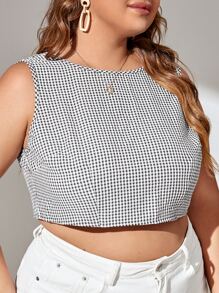 SHEIN Privé Plus Gingham Tie Back Crop Blouse - Black and White - View 3