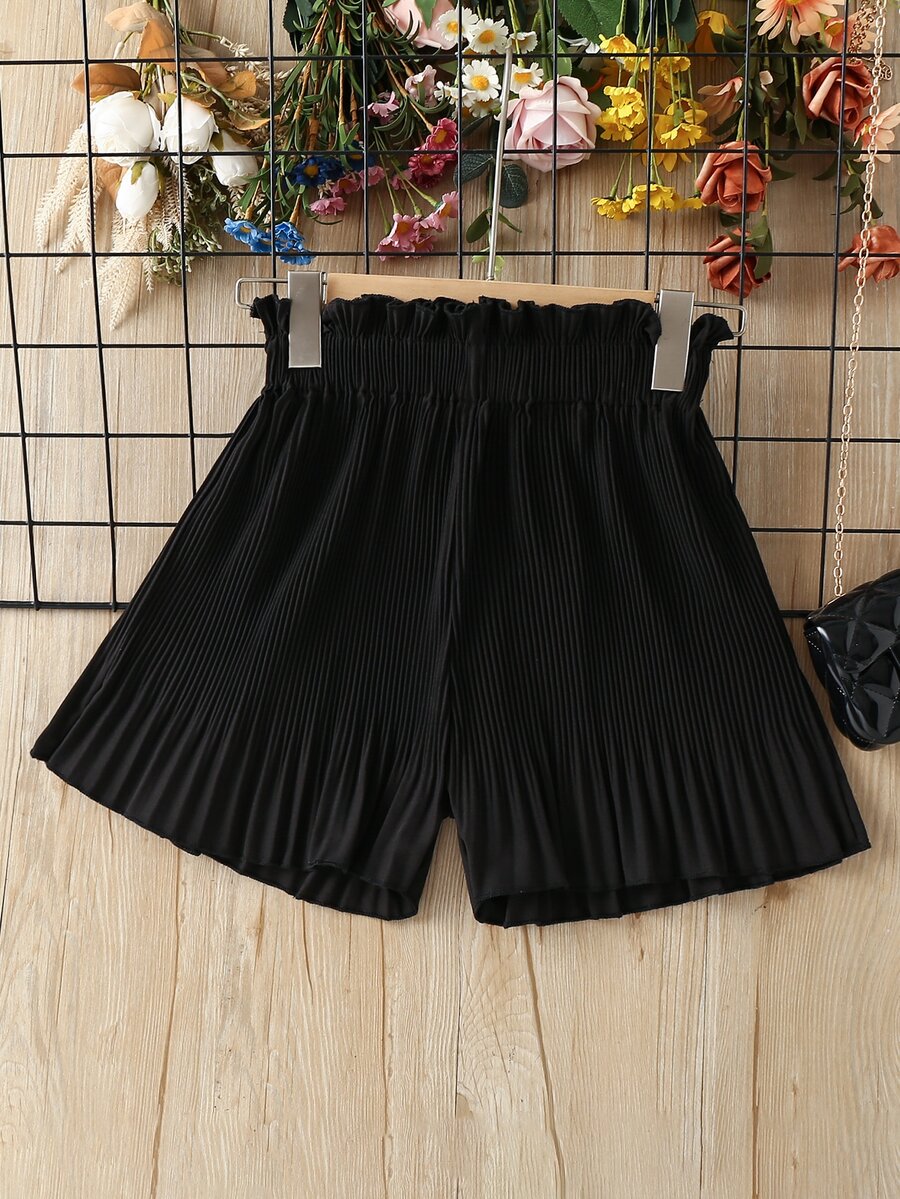Girls Paperbag Waist Wide Leg Shorts - Black - View 1