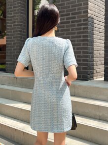 DAZY Flap Detail Pearls Button Puff Sleeve Tweed Dress Sundress Plaid - Blue - View 2
