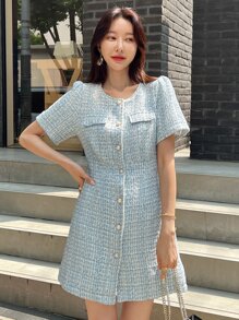 DAZY Flap Detail Pearls Button Puff Sleeve Tweed Dress Sundress Plaid - Blue - View 6