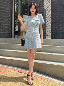 DAZY Flap Detail Pearls Button Puff Sleeve Tweed Dress Sundress Plaid - Blue - View 7