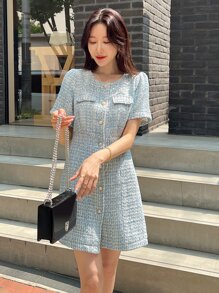 DAZY Flap Detail Pearls Button Puff Sleeve Tweed Dress Sundress Plaid - Blue - View 3