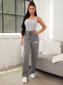 Letter Graphic Drawstring Waist Lounge Trousers - Grey - View 4