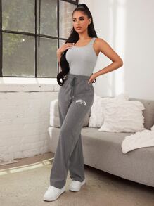 Letter Graphic Drawstring Waist Lounge Trousers - Grey - View 1