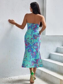 GENKIRA Rochie cu șnur cu șnur cu imprimeu peste tot - Multicolor - Vizualizare 2