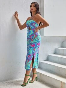 GENKIRA Rochie cu șnur cu șnur cu imprimeu peste tot - Multicolor - Vizualizare 5