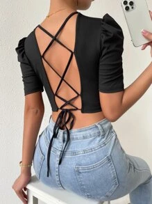 SHEIN Unity Lace Up Backless Puff Sleeve Ribbed Knit Tee