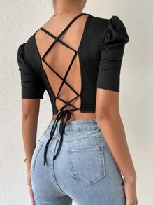 SHEIN Unity Lace Up Backless Puff Sleeve Ribbed Knit Tee