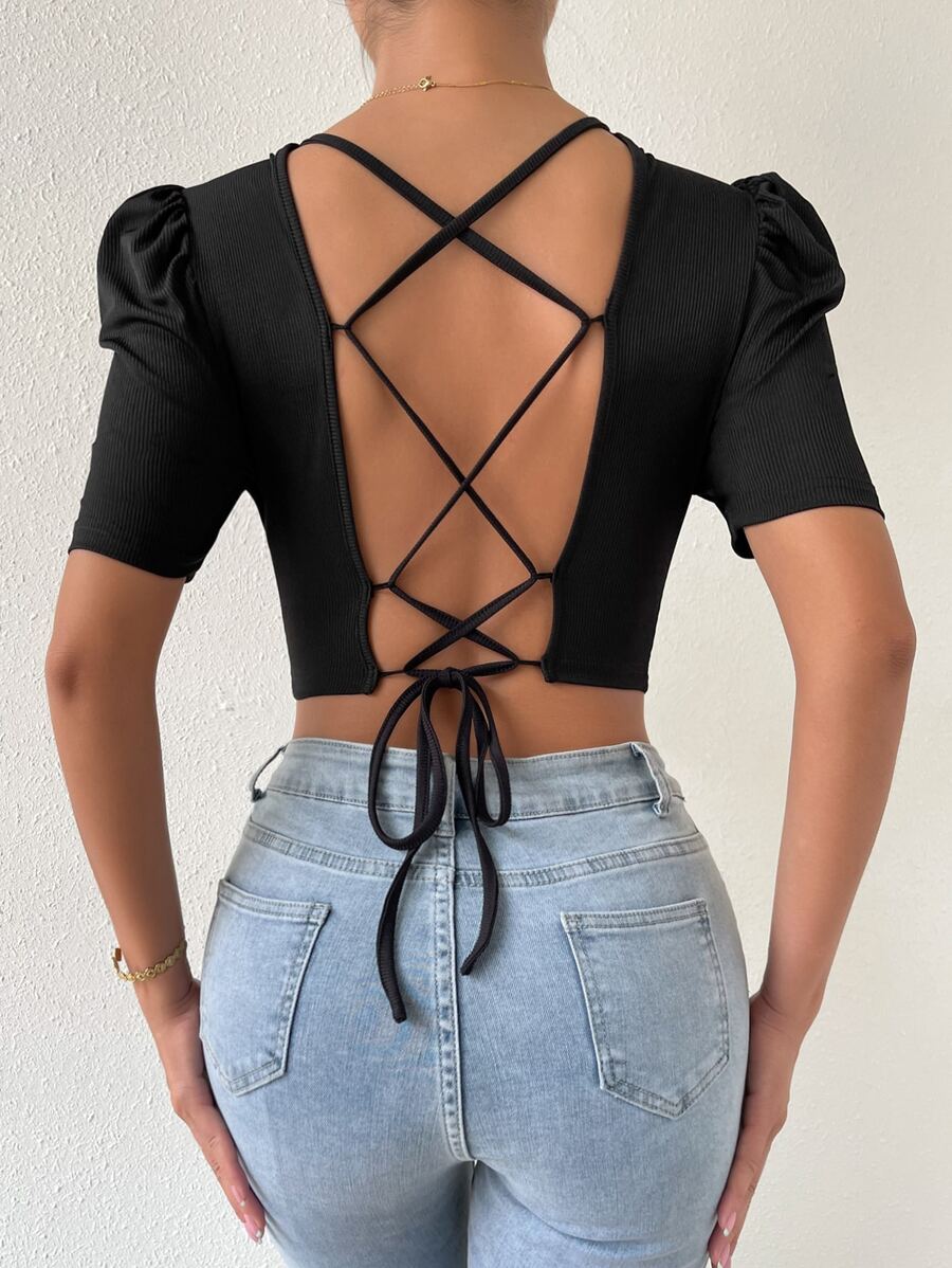 SHEIN Unity Lace Up Backless Puff Sleeve Ribbed Knit Tee