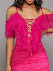 Đầm Ren lên Xù màu trơn Hấp dẫn - Màu Hồng Tươi - Xem 4